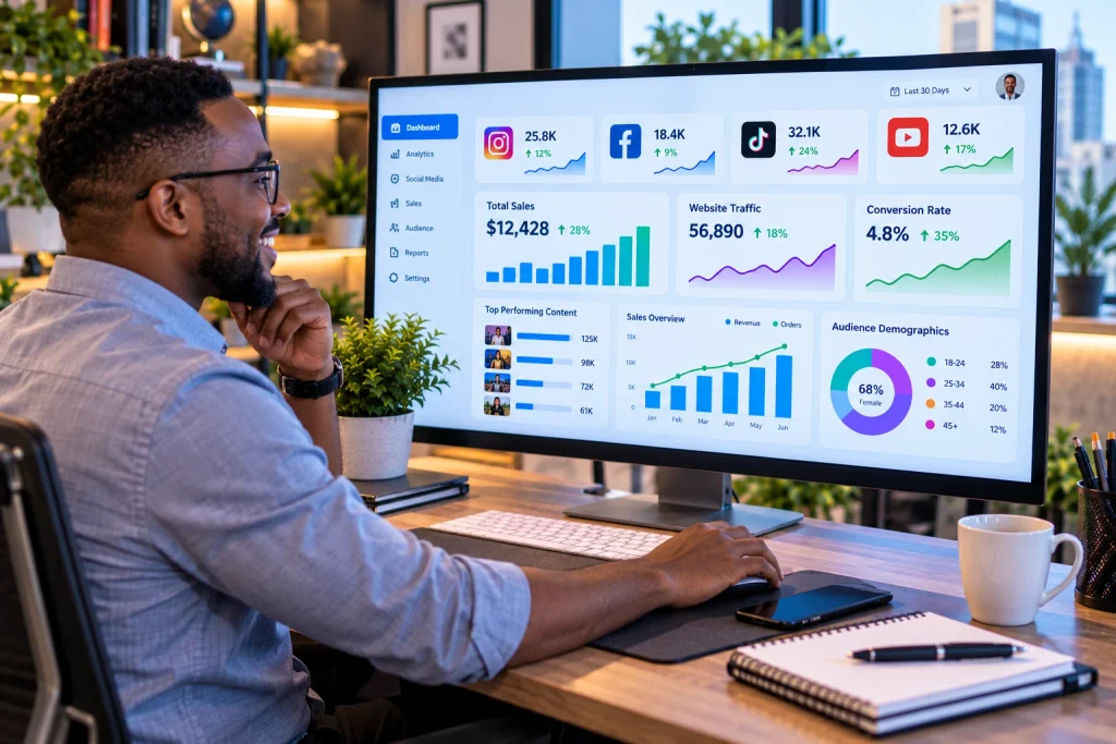 A glowing digital analytics dashboard tracking social media marketing for small business growth.