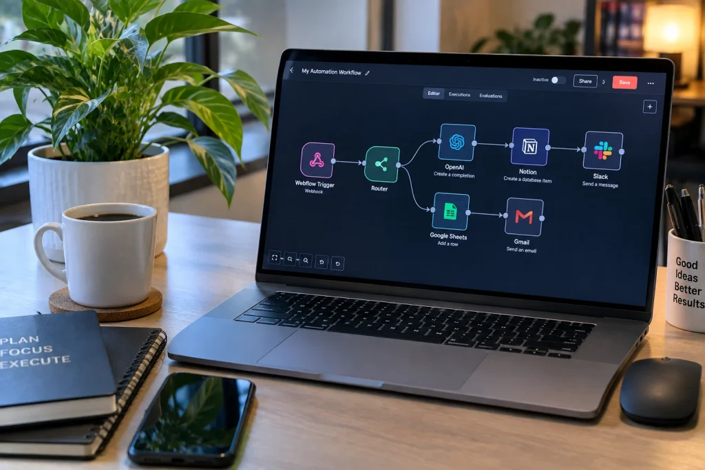 A professional learning about AI automation for beginners at a modern digital workspace