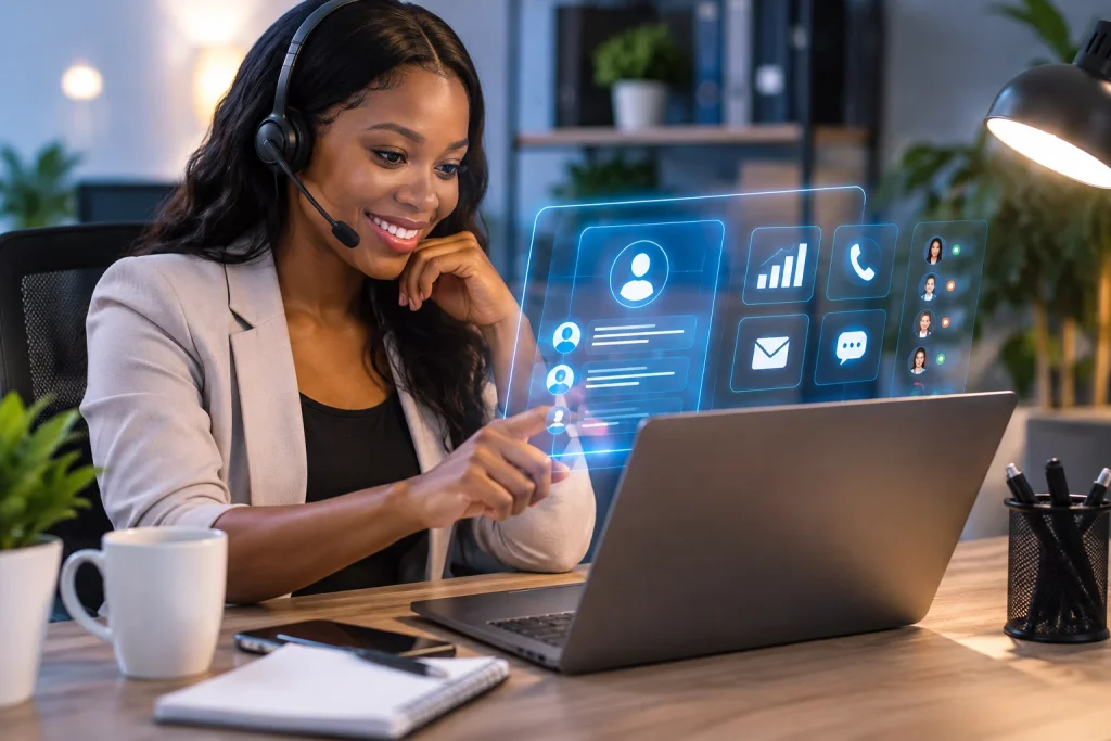 A successful digital manager implementing AI customer service automation to improve workflow efficiency.