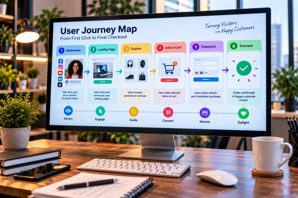 A detailed user journey map used when learning how to increase website conversions.