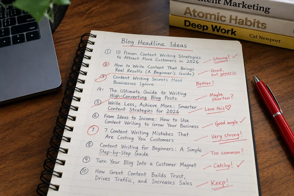 A close-up of a notebook with different headline variations heavily marked up with a red pen.