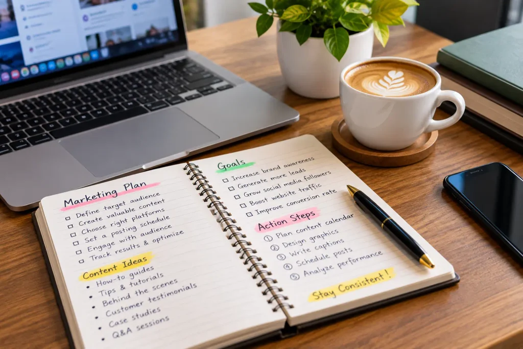 A marketer brainstorming ideas for creating Instagram text that sounds authentic and human.