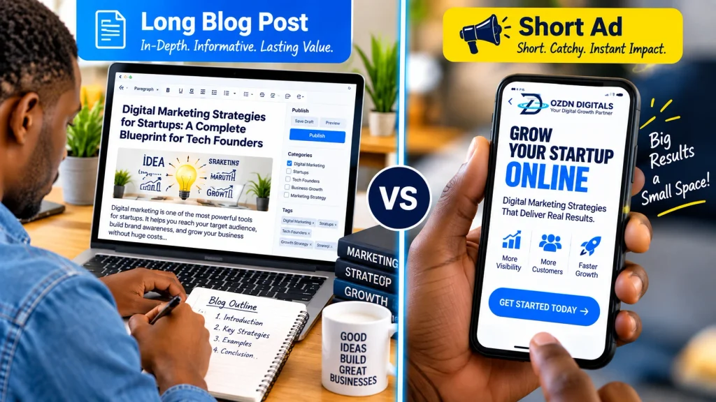 A clear visual comparison of Content Writing vs Copywriting for digital marketing beginners.