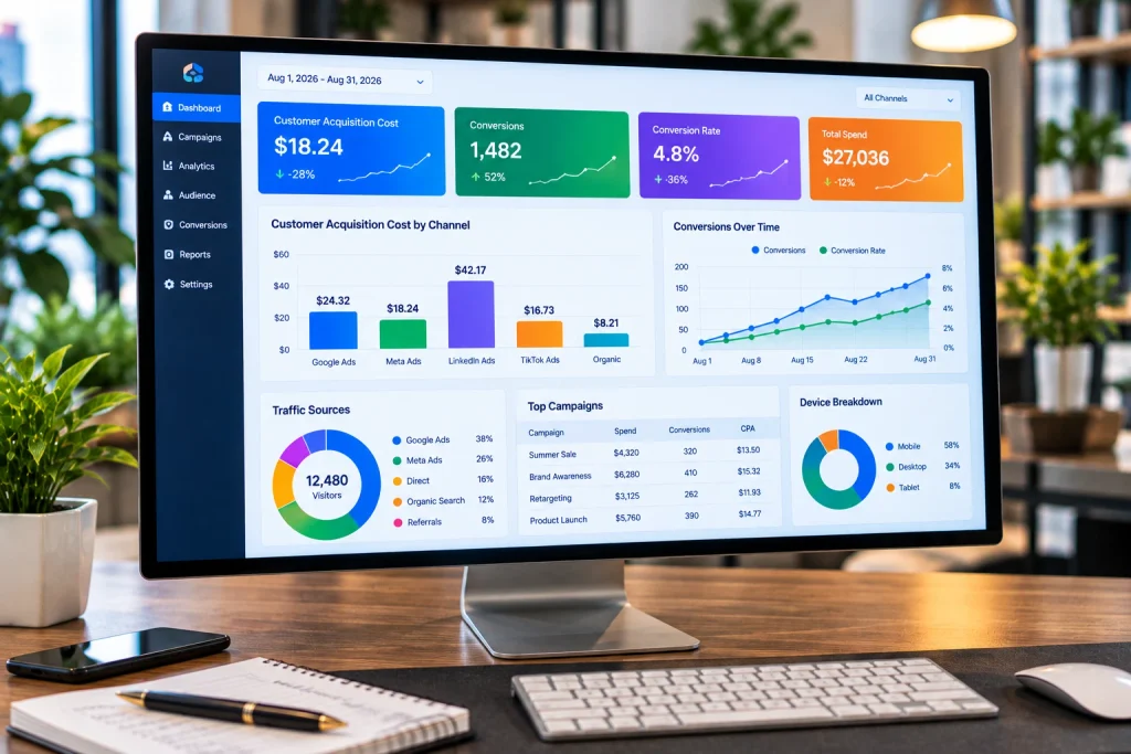 A colorful data dashboard used for tracking your digital marketing ROI daily.
