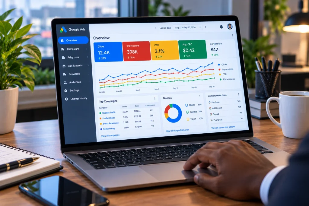 A digital analytics dashboard demonstrating metrics for digital advertising for beginners.