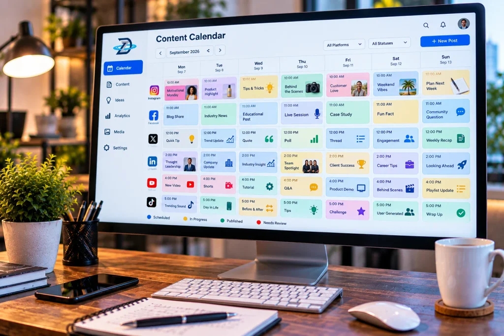 A colorful content calendar used for effective social media marketing for small business campaigns.
