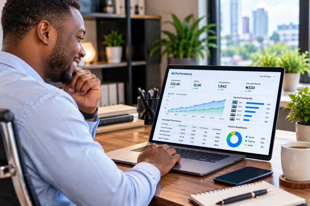 A successful digital manager exploring digital advertising for beginners to improve business sales.