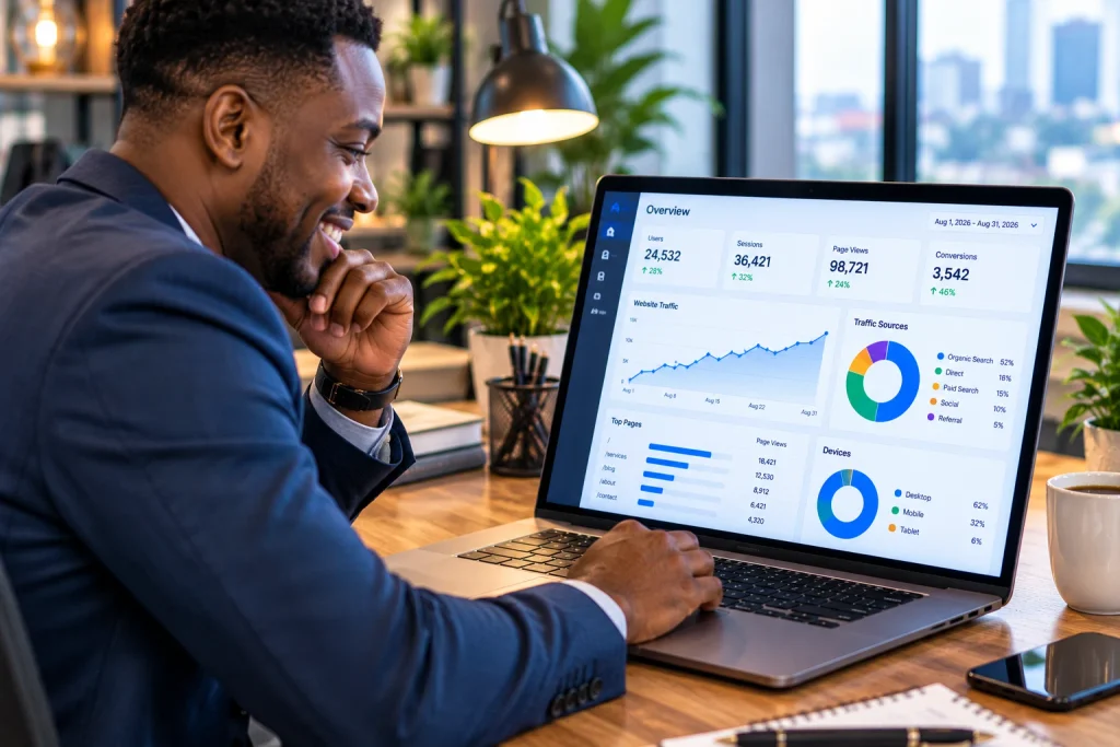 A successful digital manager analyzing digital marketing ROI to improve business sales.
