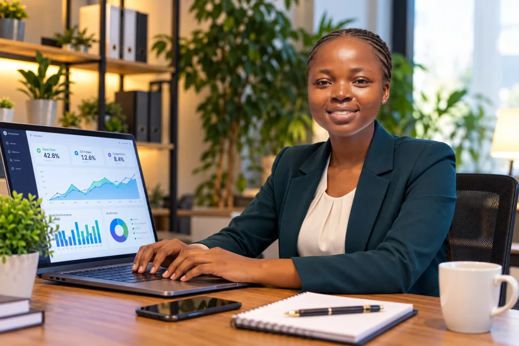 A successful digital manager learning email copywriting for beginners to improve business sales.