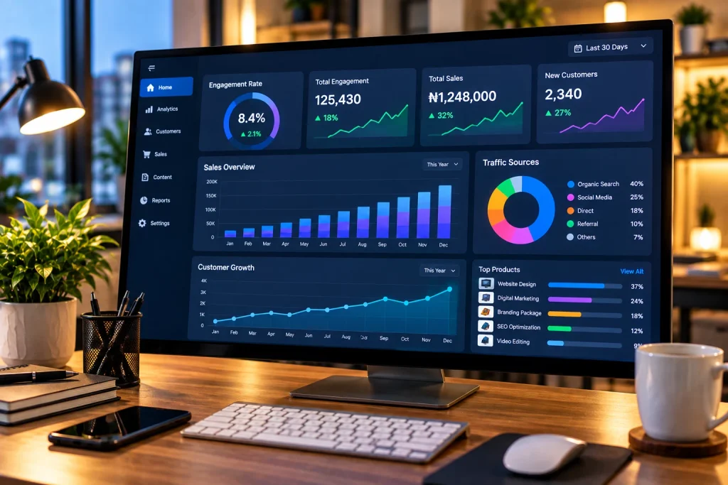 A glowing digital analytics dashboard tracking essential digital marketing metrics for business growth.