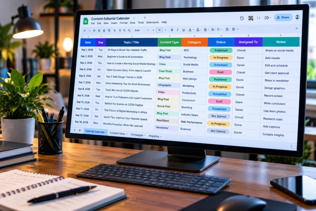 A clear editorial calendar showing how to execute a content marketing strategy efficiently.