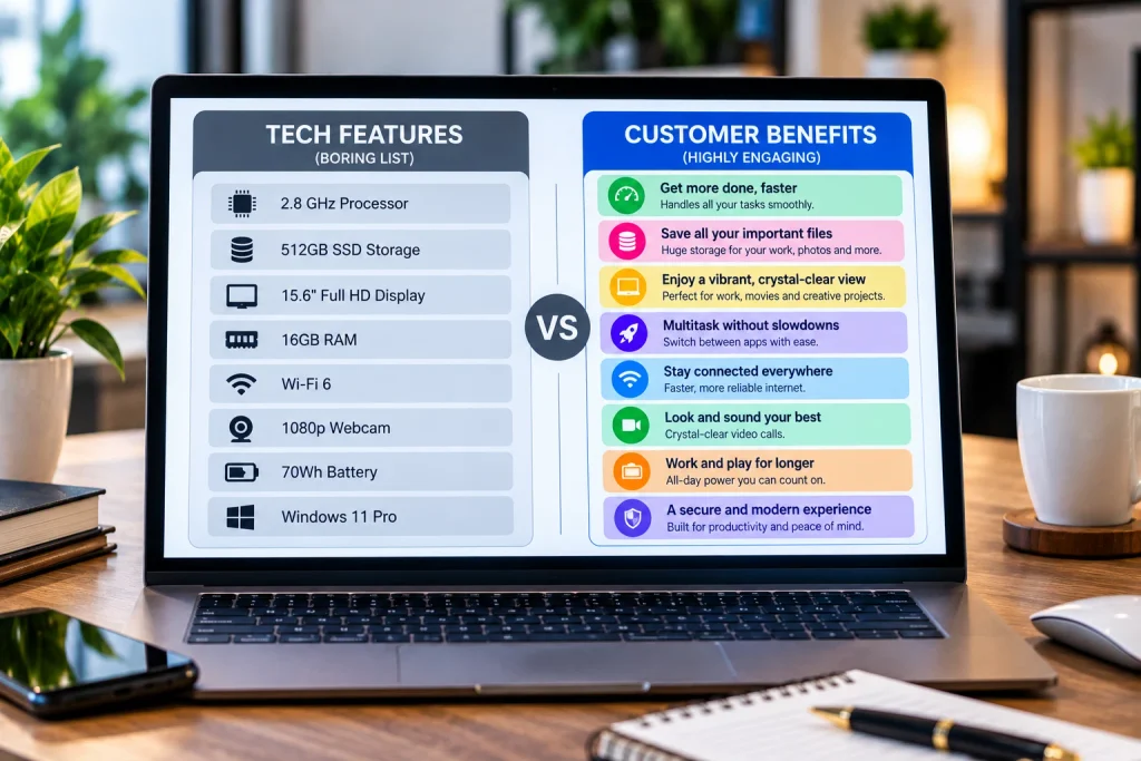An infographic showing the difference between features and benefits in copywriting that sells.