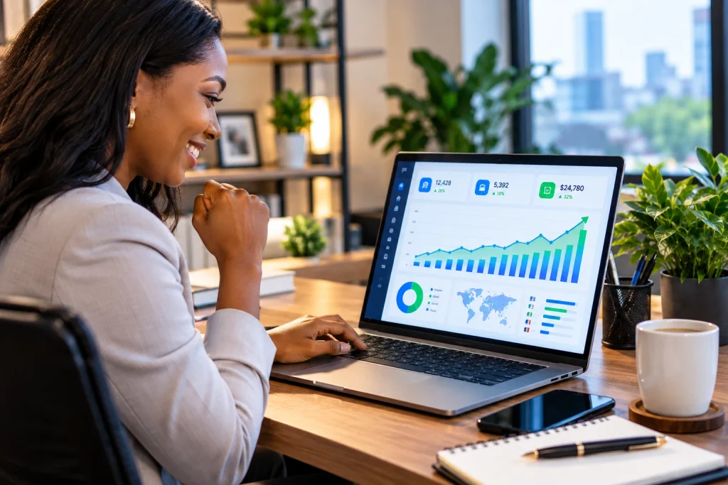 A successful digital manager optimizing a content marketing strategy to improve business sales efficiency.