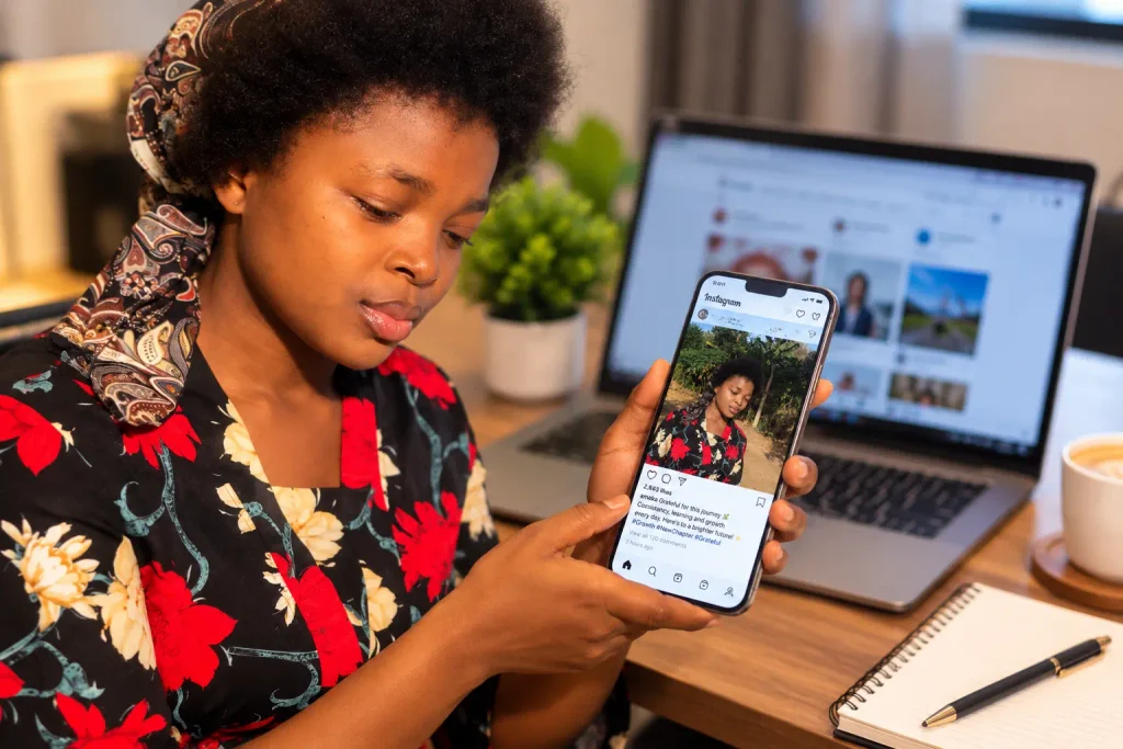 A digital marketer researching how to write Instagram captions on a mobile device
