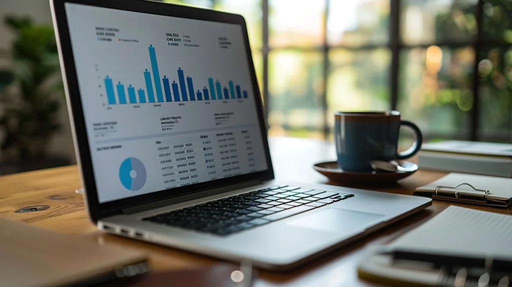 A digital marketing professional analyzing web traffic and campaign performance metrics on a laptop.