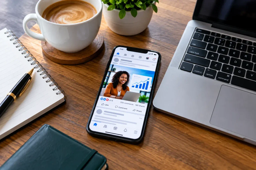 A marketer working on social media copywriting strategies on a laptop and smartphone.