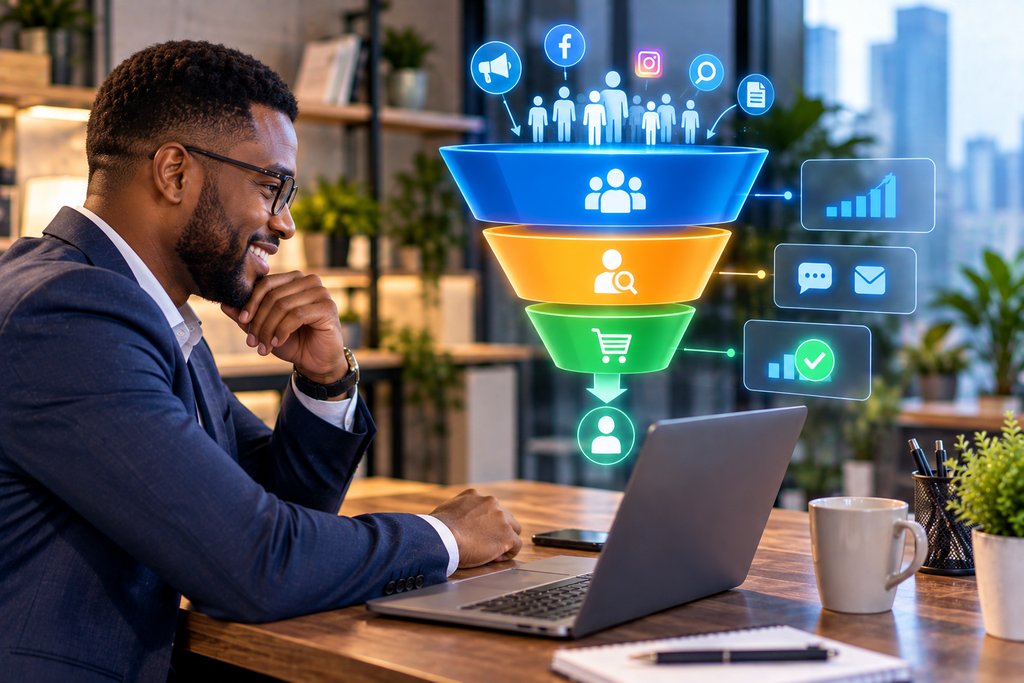 A clear illustration showing the three core stages of a profitable digital marketing funnel.