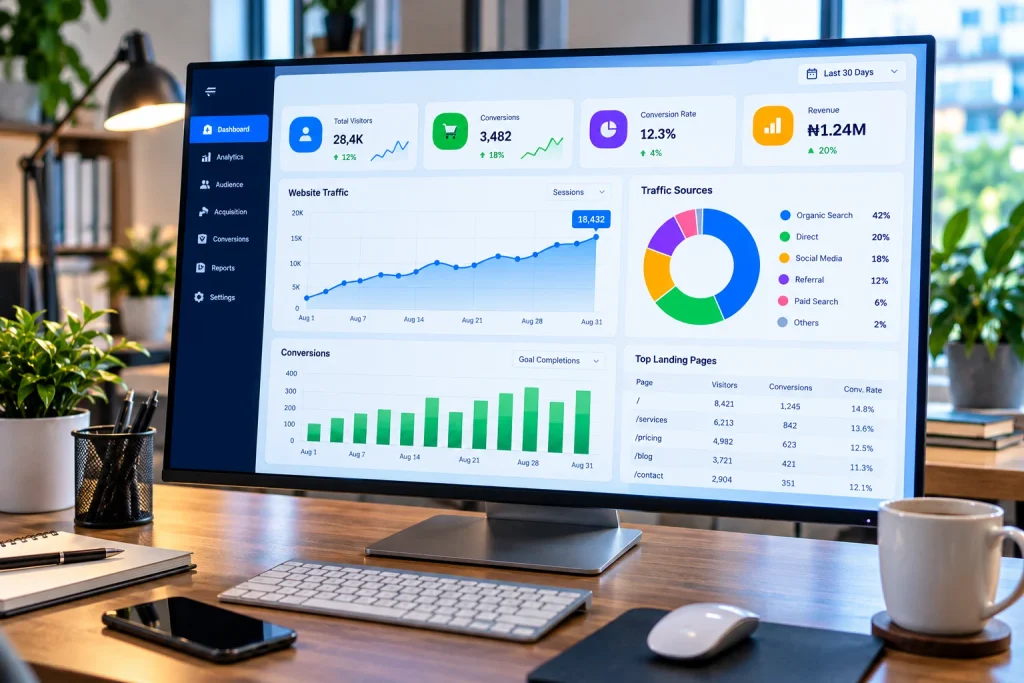 A colorful data dashboard used for tracking important digital marketing metrics daily.