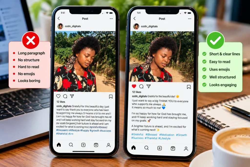 Visual guide showing the proper formatting for writing engaging posts for Instagram.