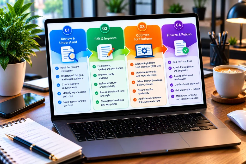 An infographic breaking down how to edit copywriting editorial phases for tech founders. How to Edit Copywriting Like a Professional