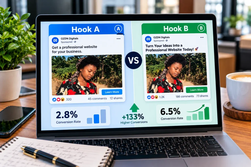 A diagram showing how to A/B test hooks in Facebook ad copywriting for higher click-through rates.