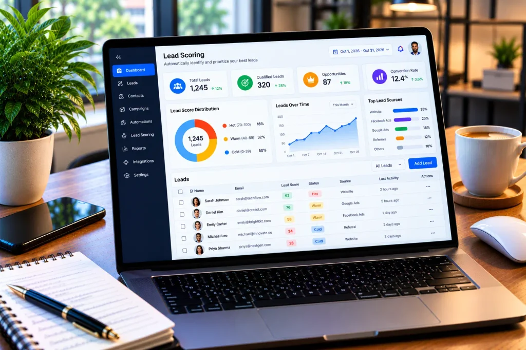 A founder setting up AI lead generation for small business strategies on a laptop and notebook. AI Lead Generation for Small Business
