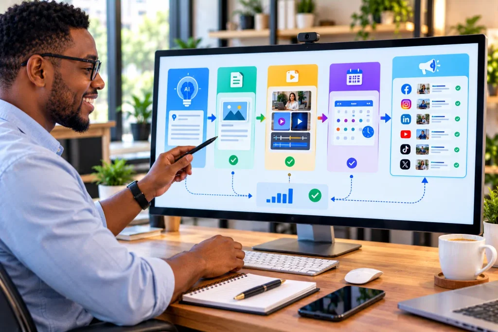 workflow diagram for ai social media automation for small business publishing.AI Social Media Automation for Small Business