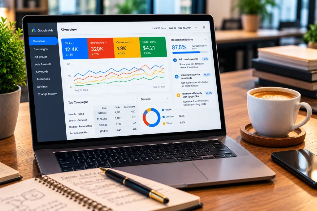 A marketer working on benefits-driven copywriting strategies on a laptop and notebook.
