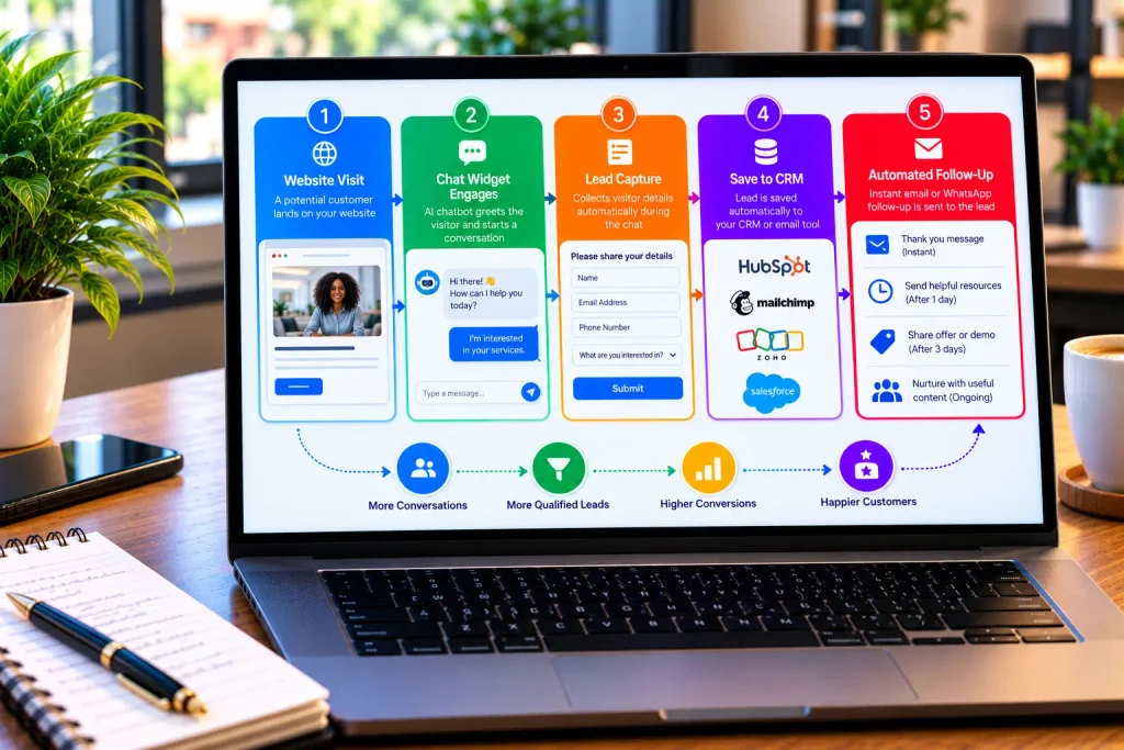 workflow diagram for ai chatbots for small business lead capture.AI Chatbots for Small Business