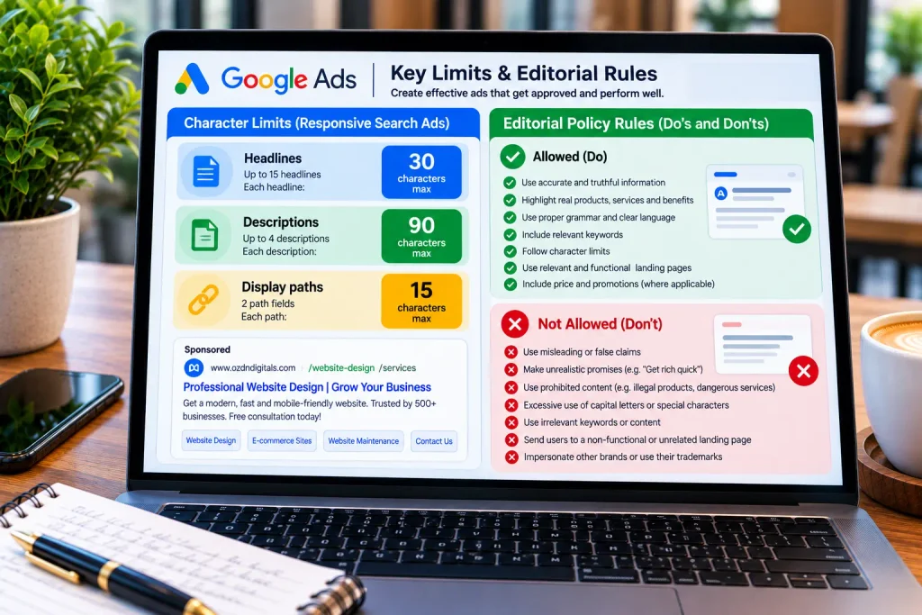 A quick-reference checklist for Google Ad copywriting character limits and formatting rules.