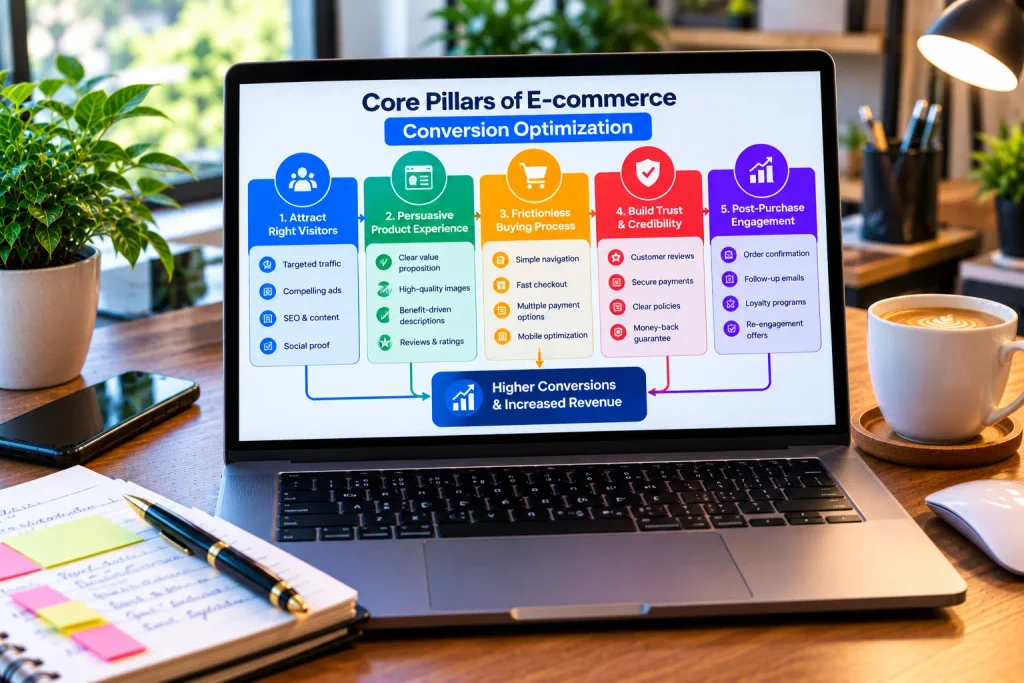 An infographic breaking down ecommerce copywriting pillars for online retailers. Ecommerce Copywriting