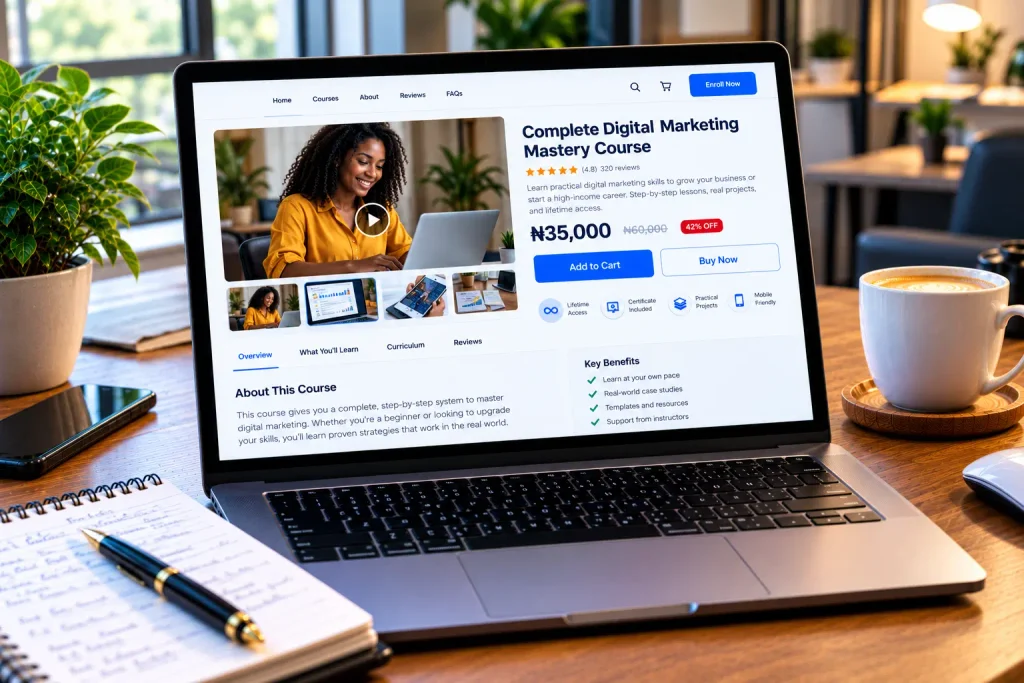 A merchant working on ecommerce copywriting strategies on a laptop and notebook. Ecommerce Copywriting
