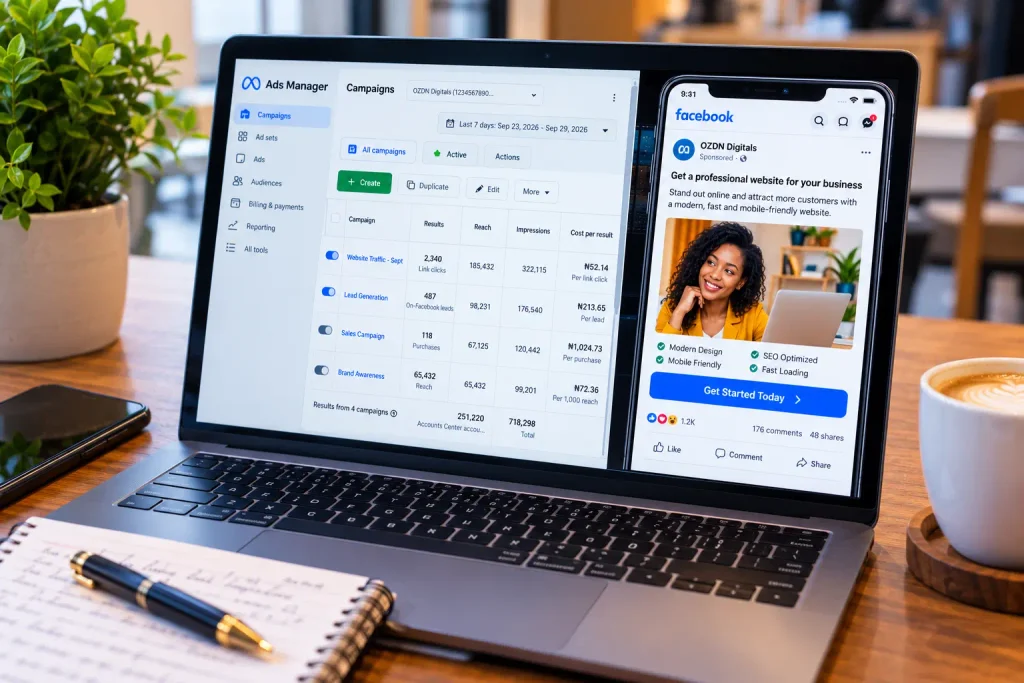 A digital marketer analyzing Facebook ad copywriting performance inside Meta Ads Manager.