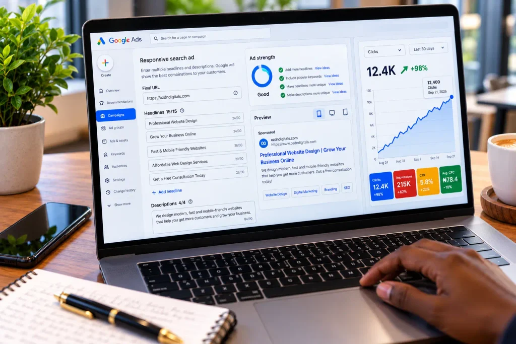 A digital marketer practicing Google Ad copywriting inside the Google Ads dashboard