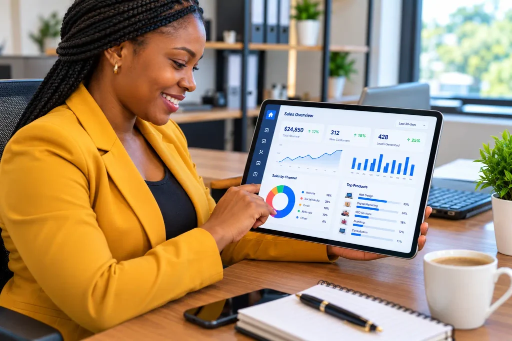 business owner reviewing ai chatbots for small business analytics.AI Chatbots for Small Business