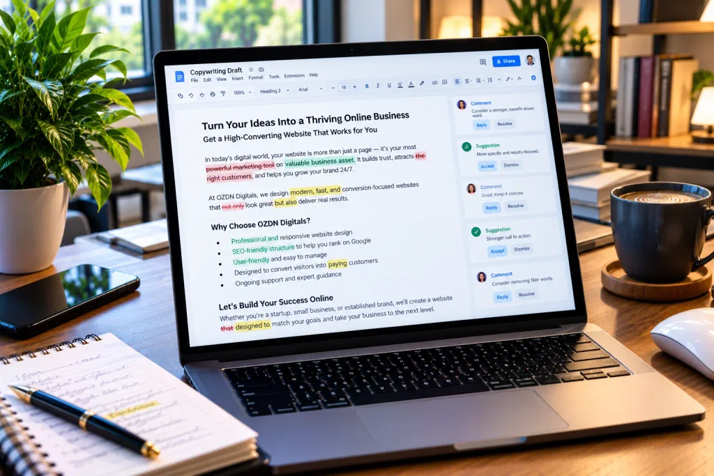 A professional editor reviewing how to edit copywriting strategies on a laptop and notebook. How to Edit Copywriting Like a Professional