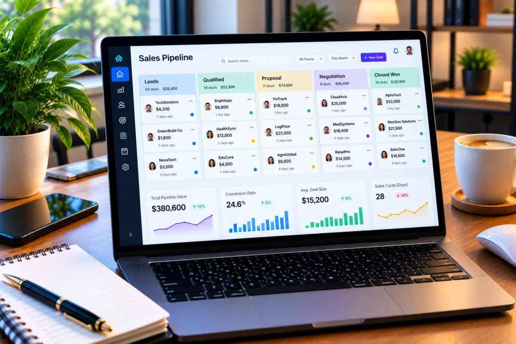 A wireframe layout showing AI lead generation for small business applied to a CRM dashboard design. AI Lead Generation for Small Business