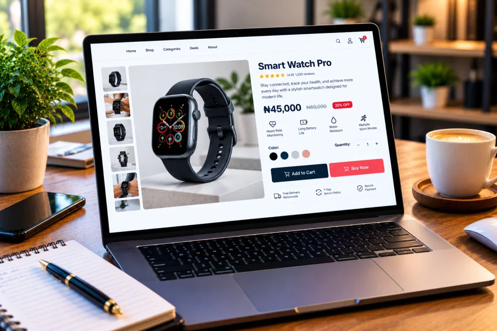 A wireframe layout showing ecommerce copywriting applied to an online store product page design. Ecommerce Copywriting