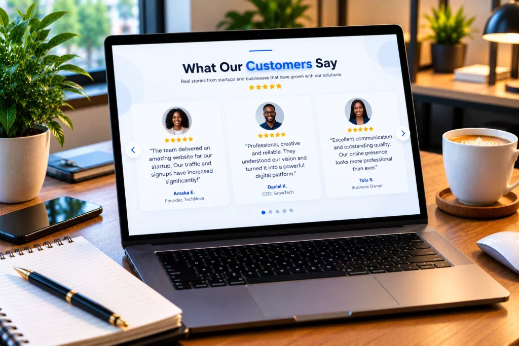 A wireframe layout showing testimonial copywriting applied to a website design. Testimonial Copywriting