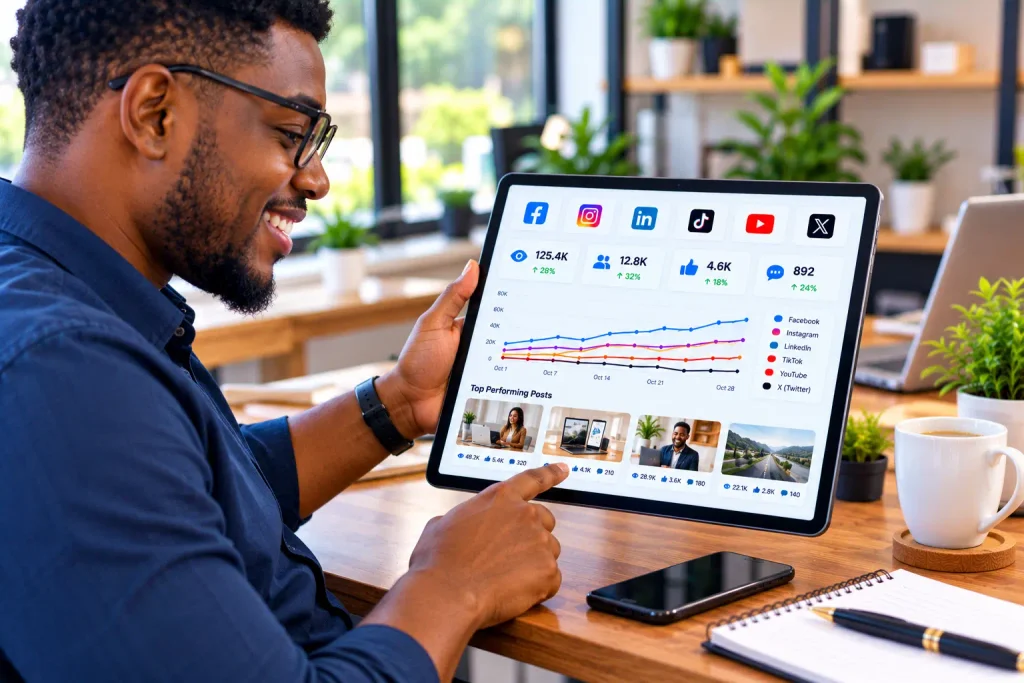 business owner reviewing ai social media automation for small business analytics.AI Social Media Automation for Small Business