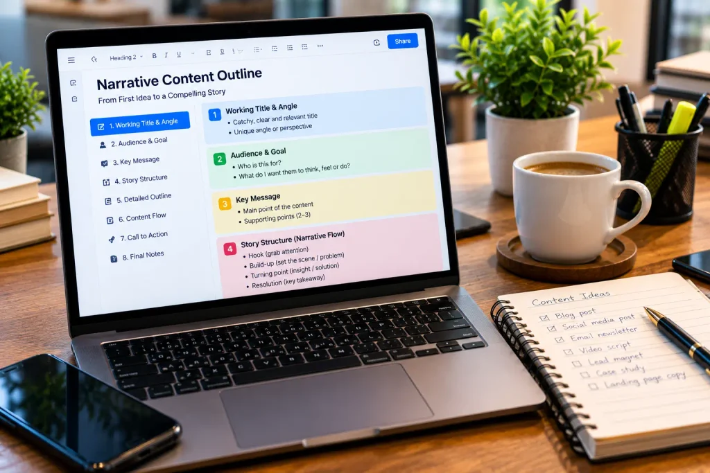 A marketer working on storytelling in copywriting strategies on a laptop and notebook.