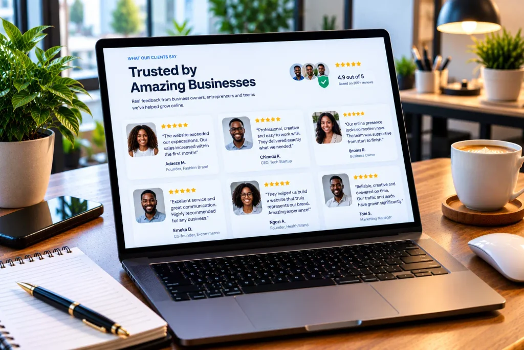 A founder working on testimonial copywriting strategies on a laptop and notebook. Testimonial Copywriting