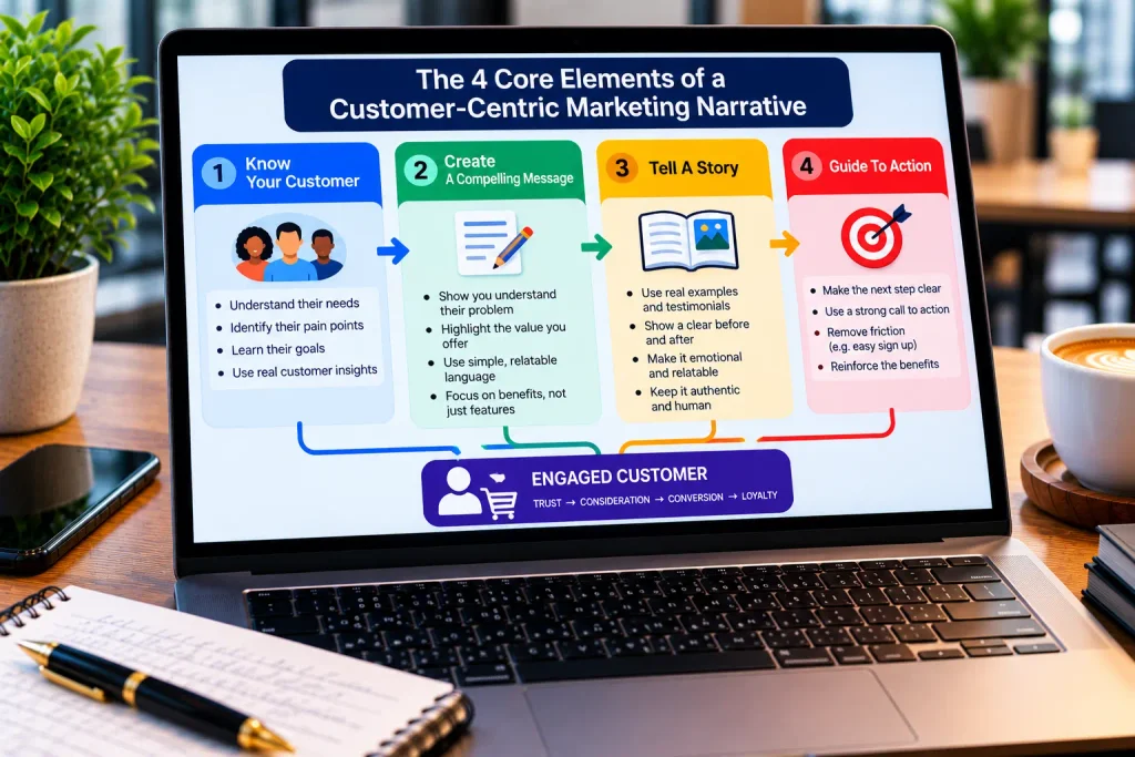 An infographic breaking down storytelling in copywriting elements for tech brands.