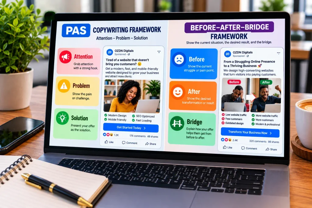 An infographic explaining proven formulas for persuasive Facebook ad copywriting.