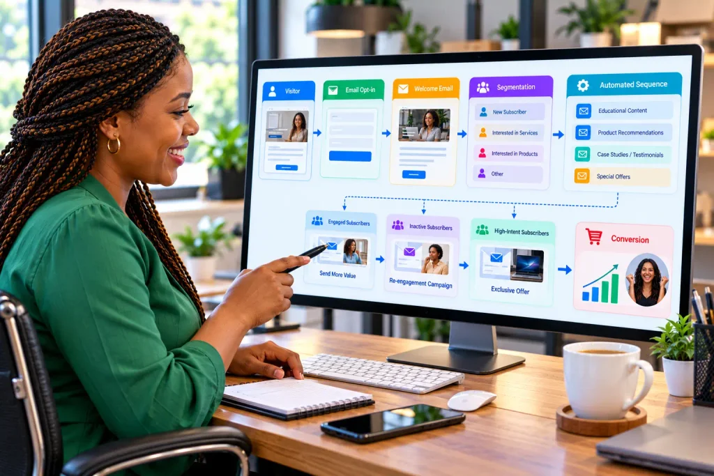 workflow diagram for ai email automation for small business lead nurturing. AI Email Automation for Small Business