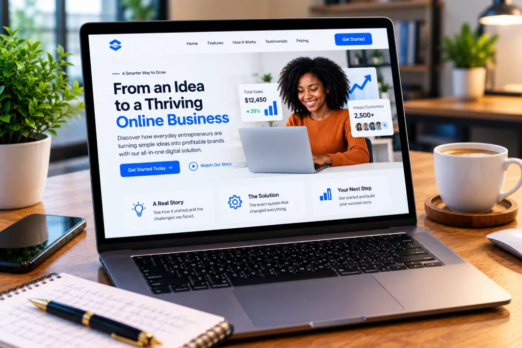 A wireframe layout showing storytelling in copywriting applied to a landing page design.