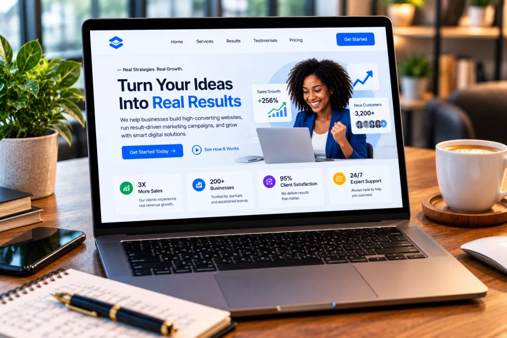 A wireframe layout showing benefits-driven copywriting applied to a software landing page design.